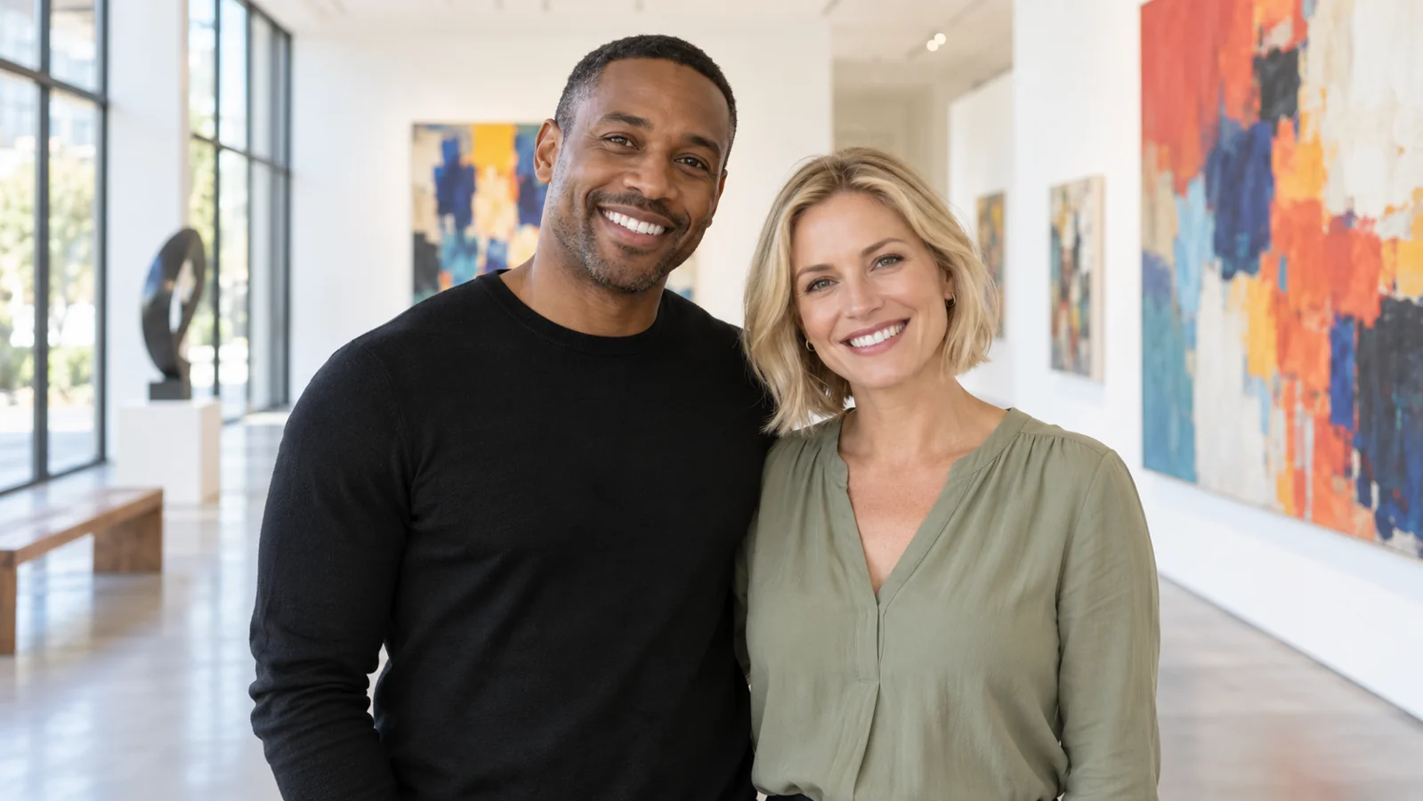 Biological Dentist in Sandy, Utah — Healthy, Confident Smiles Man in a black shirt and woman smiling at the camera in a bright art gallery, illustrating healthy smiles and biological dentistry in Sandy, Utah