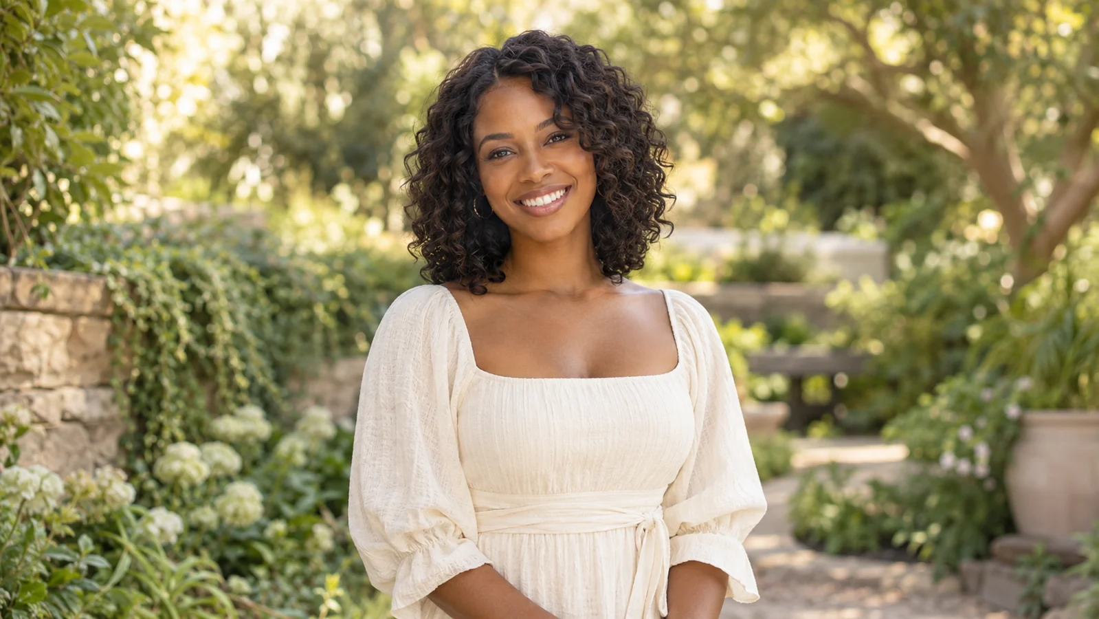 Dentist in Sandy, Utah — Healthy Smile Outdoors Woman in a warm ivory dress smiling outdoors, illustrating a healthy smile and dental care in Sandy, Utah