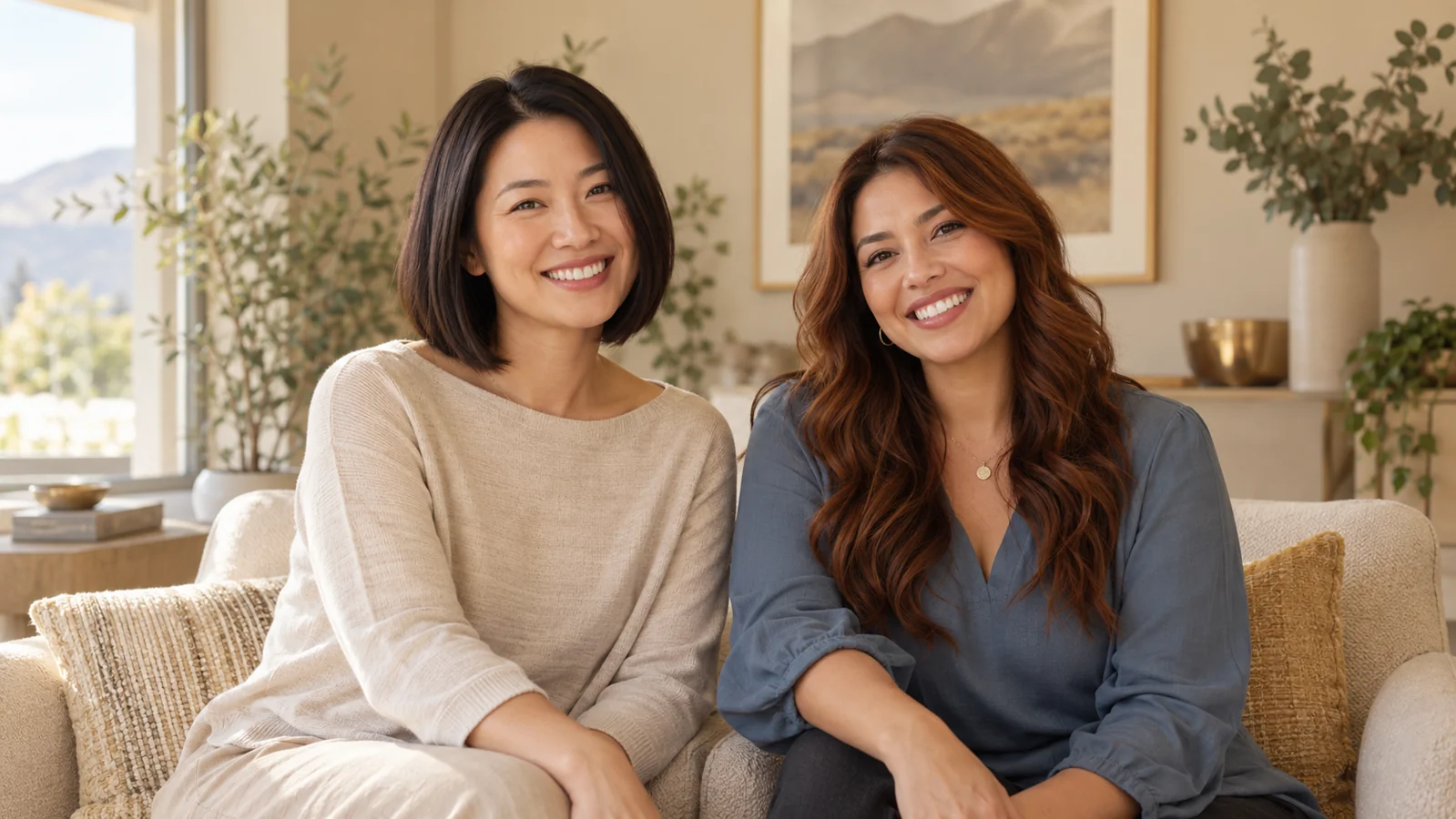 Holistic Dentistry in Sandy, Utah — Comfortable, Healthy Smiles Two women smiling in a modern relaxing lounge, one wearing a light beige top, illustrating holistic dental care in Sandy, Utah